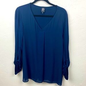Bobeau blouse navy sheer loose medium